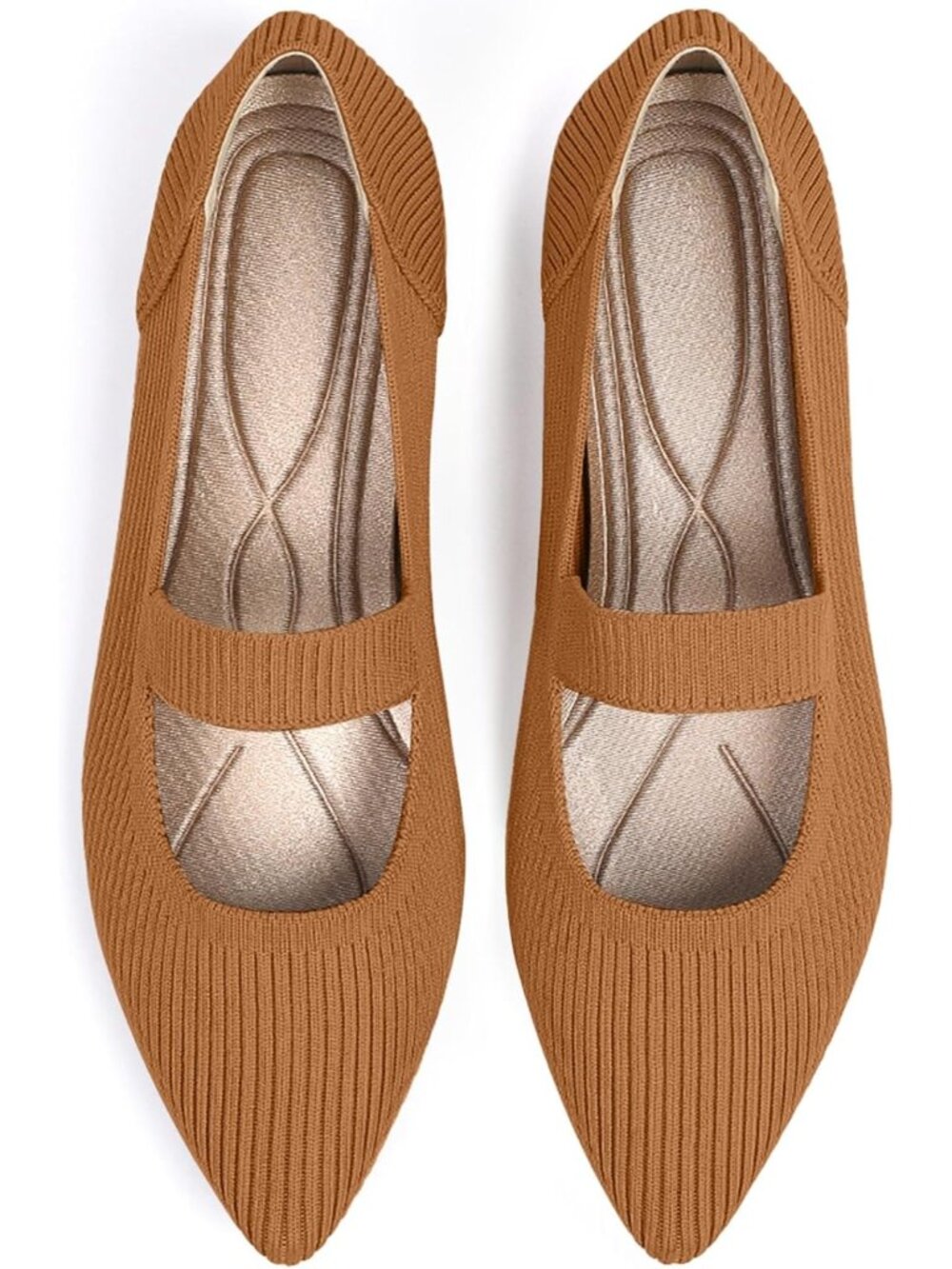Women's Brown Knit Mary Jane Flats Pointed Toe Pull On Comfortable Flats Shoes